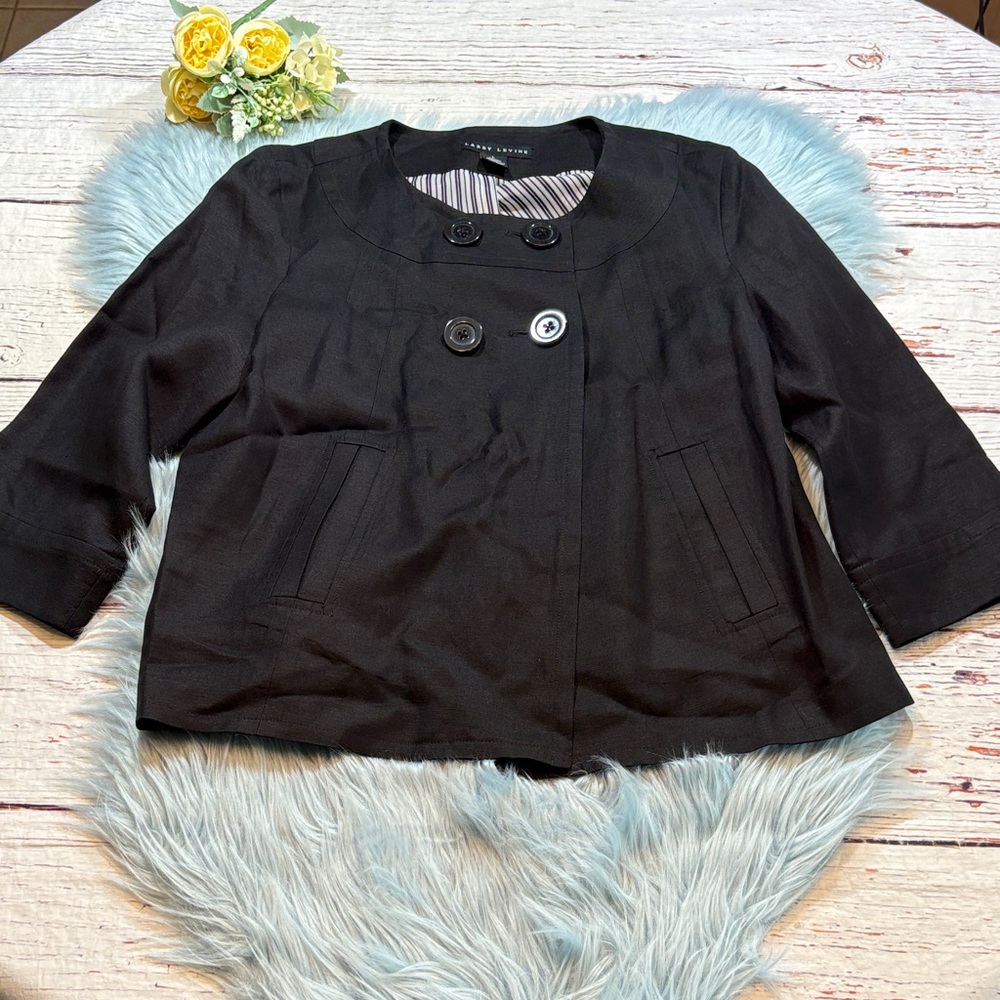 Larry Levine Black Linen Blend Peacoat Style Blazer Jacket sz L